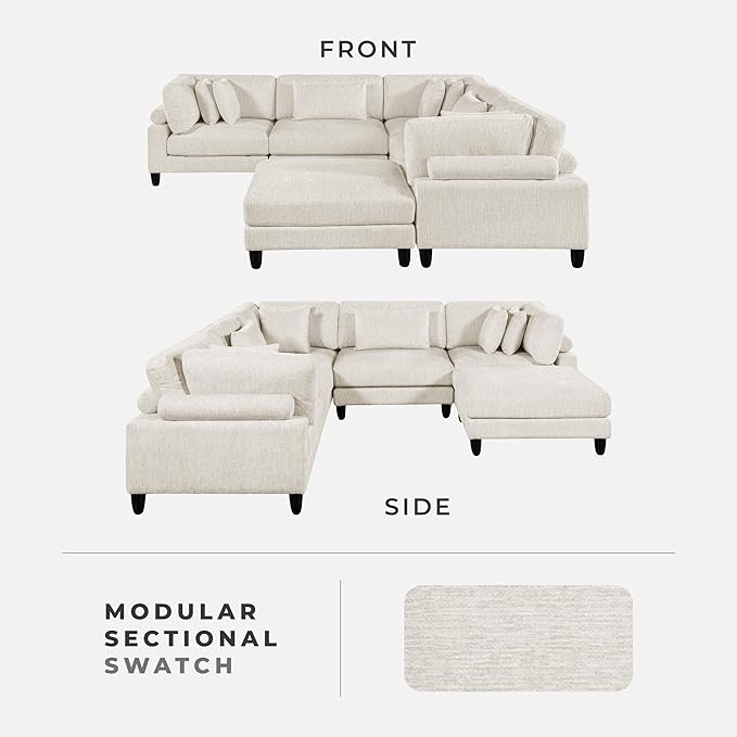 Lexicon 120 Inch Modular Sectional Sofa - Oversized 6 Seater Microfiber U Shaped Sectional Couch with Ottoman, 8 Accent Pillows, and Flexible Arrangement for Modern Living Rooms, Beige