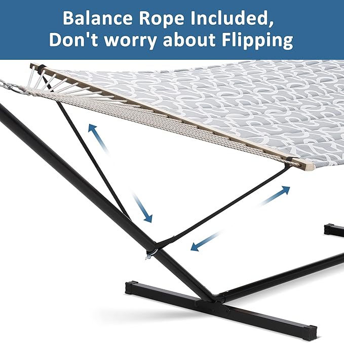 SUNCREAT 55 Inch Extra Large Double Hammock with Stand, 475lbs Capacity, Outdoor Portable Hammock with Hardwood Spreader Bar, Extra Large Pillow, Grey - Image 3