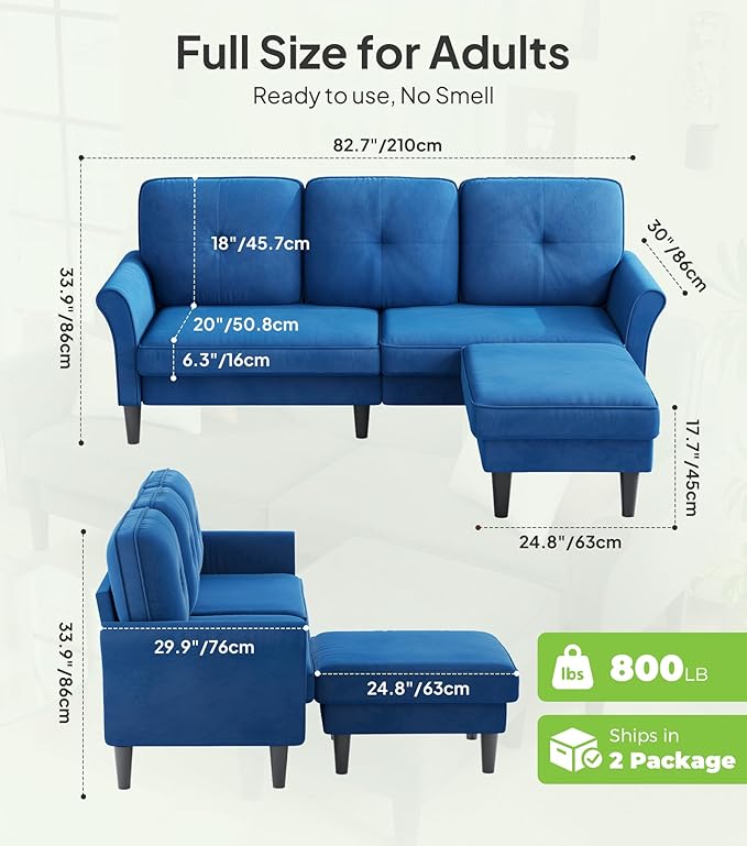 Sofas for Living Room, 83" Velvet Sectional Couch with Moveable Ottoman, Midcentury Modern Small Sectional Couch, L Shape Sofa & 2 Seater, Couches for Living Room, Apartment, Bedroom