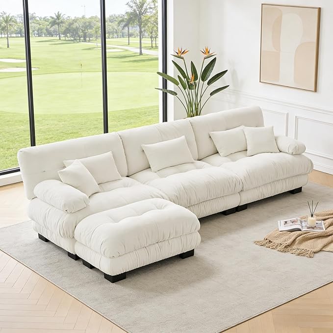133.8" L-Shaped Cloud Couch, Oversized Modular Sectional Sofa, Deep Seat Cloud Boneless Couch, 3-Seat Modular Sectional Sofa with Ottoman or Living Room,Bedroom and Apartment, White