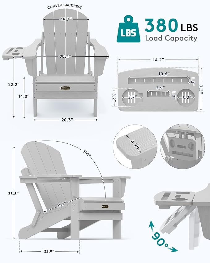 SERWALL Folding Adirondack Chair, Patio Adirondack Chairs with 4 in 1 Multi-Functional Cup Holder, Wooden Textured, All Weather Plastic Fire Pit Chair for Outdoor, Garden, Backyard, Deck- Spanish Gray - Image 2