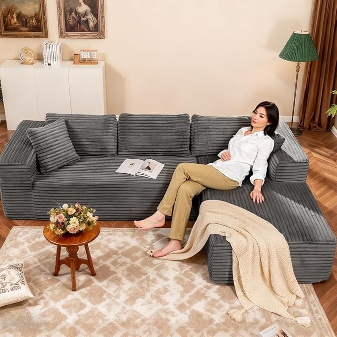 COMHOMA 105”Modular Sectional Sofa with Deep Seat,Cloud Upholstered L-Shape Couch Wide Arms Corduroy Fabric High-Density Foam Chaise Lounge for Living Room No Assembly Required