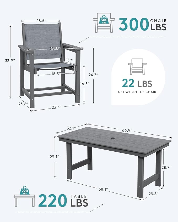 SERWALL 5 Piece Patio Dining Sets, Outdoor HDPE Dining Furniture Set with Umbrella Hole Cut-Out Table and 4 Woven Chairs, Gray - Image 2