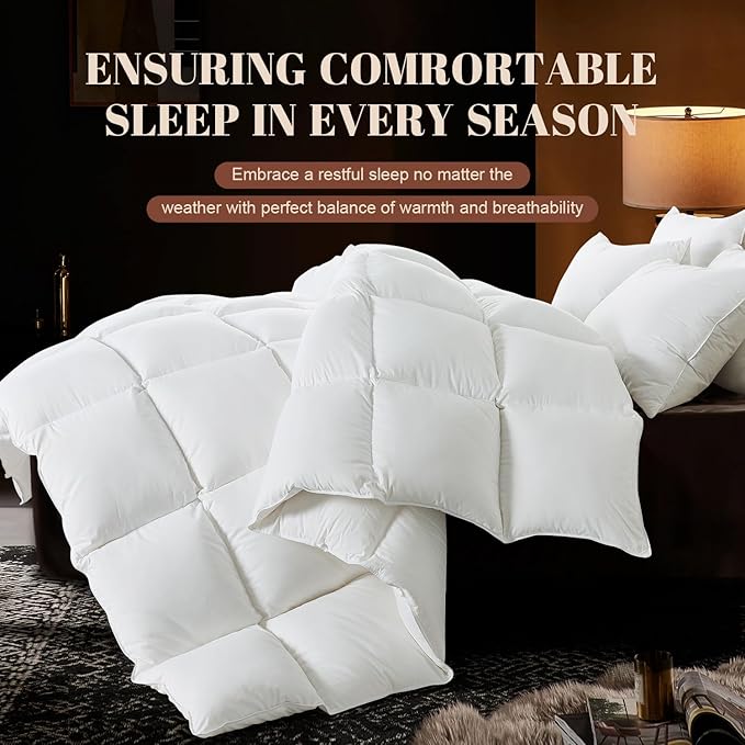 WhatsBedding Queen Size Feather Comforter, Filled with Feather and Down Fiber, White All Season Duvet Insert - Luxurious Hotel Bed Comforter - 100% Cotton Cover, Medium Warmth with Corner Tabs - 90x90