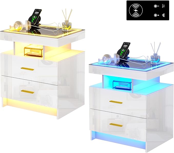 HNEBC Auto LED Nightstand Set of 2, White Night Stand with Charging Station & USB Ports, High Gloss Bedside Table has 2 Drawers,Modern End Side Table for Bedroom (White) - Image 9