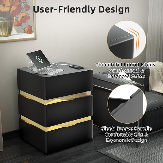 VINGLI LED Nightstand with Charging Station, 3 Drawer Nightstand, Black Nightstand, Acrylic Nightstand, Smart Nightstand, Wood Nightstand Bedroom, Modern Night Stand, Bedside Table, End Table - Image 7