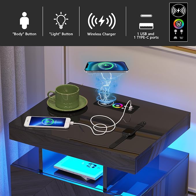 HNEBC Auto LED Nightstands Set of 2,Modern Bedside Table with USB Ports & Wireless Charging Station,High Gloss Bedside Tables with 2 Drawers,Nightstands for Bedrooms/Living Room/Office (Black) - Image 4