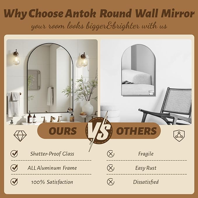 Antok Arched Bathroom Mirror, 20"x30" Wall Mounted Mirror, Vanity Mirrors for Over Sink, Aluminum Alloy Frame Bathroom Mirrors Living Room, Bedroom and Entryway, Black - Image 5