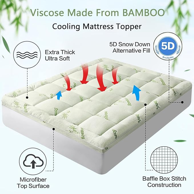 PATSBA Premium Viscose Made from Bamboo Queen Size Mattress Topper for Back Pain,1200 GSM Quilted Fitted Extra Thick Mattress Pad,Pillow Top Mattress Cover with Deep Pocket Up to 21 Inches（60*80inch）