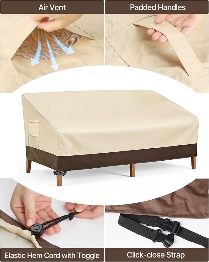 Vailge Heavy Duty Patio Sofa Cover, 100% Waterproof 3-Seater Outdoor Sofa Cover,Lawn Patio Furniture Covers with Air Vent and Handle,Beige&Brown - Image 4