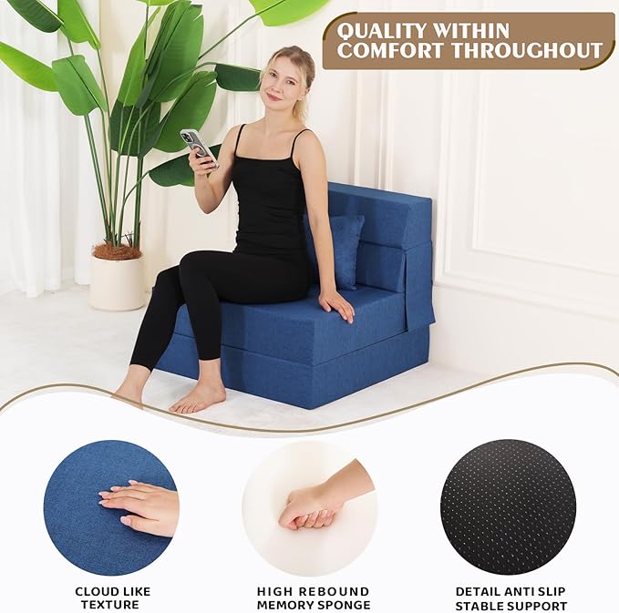 Folding Sofa Bed, Foldable Sleeper Chair with Pillow, Convertible Fold Out Chair Bed with Washable Cover, Foldable Mattress for Living Room, Bedroom, Guest Room, Single Size, Blue