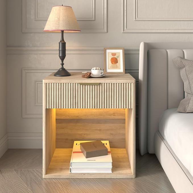 EROMMY Fluted Nightstand with Charging Station, 23” Wide Modern Bedside Table with Drawer, Mid Century Nightstand End Table for Bedroom, Natural Oak - Image 8