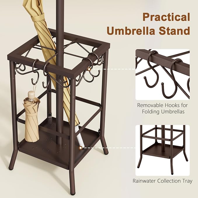 Hoctieon Coat Rack Freestanding, Coat Tree with Umbrella Holder, Metal Coat Rack Stand with 12 Hooks, Standing Coat Hanger Stand, Umbrella Stand for Entryway, Hat Rack Stand for Home Office, Brown - Image 3