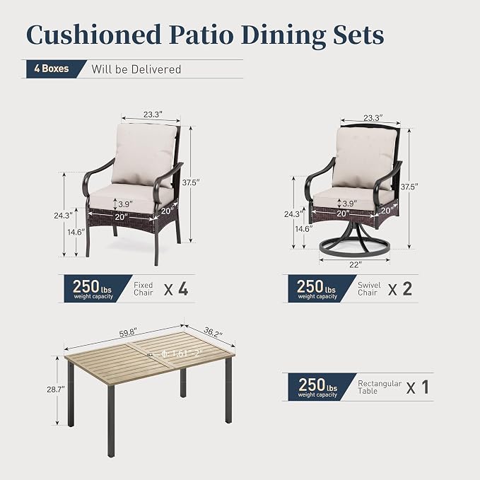 SUNSHINE VALLEY 7 Piece Patio Dining Sets for 6, Outdoor Table and Chairs with Cushioned Wicker Swivel & Leg Patio Dining Chairs & Wood-Like Dining Table, Outdoor Dining Sets for Lawn Garden Backyard - Image 6