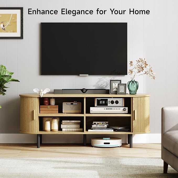 ONBRILL 55" TV Stand with Power Outlet for TVs up to 60 Inch, Entertainment Center with Storage and Adjustable Shelves, Modern Media Console with Sliding Doors for Living Room, Oak - Image 3