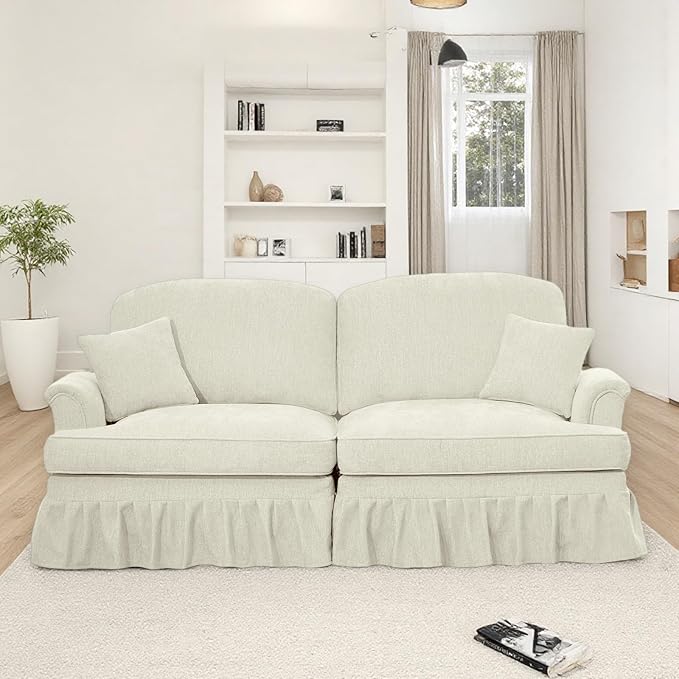 Oversized Large Two Seater Sofa, Comfy Chenille Love Seat Couch with Removable Ruffles Pleats & Large Petal-Shaped Armrests, Elegant Mid Century Convertible Sofa with Spindle Legs, Beige White