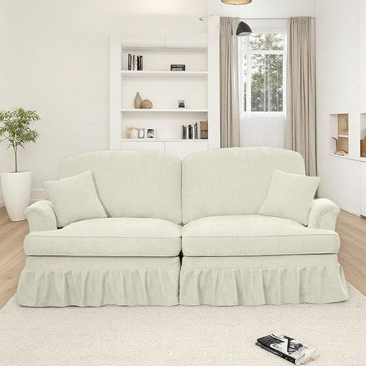 Oversized Large Two Seater Sofa, Comfy Chenille Love Seat Couch with Removable Ruffles Pleats & Large Petal-Shaped Armrests, Elegant Mid Century Convertible Sofa with Spindle Legs, Beige White