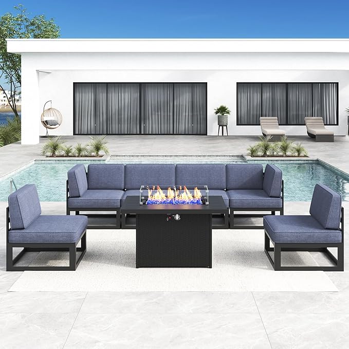 LayinSun Large Aluminum Patio Furniture Set with Fire Pit Table, 7 Pieces Modern Outdoor Conversation Set Sectional Metal Sofa Set with Olefin Cushion