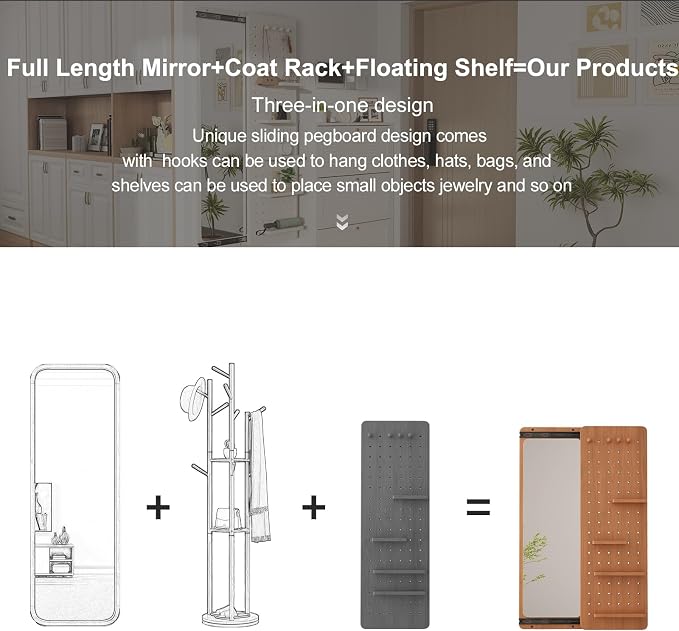 KungFuWood Full Length Mirror with Shelf and Hooks,Entry Way Mirrors for Wall,Wall Mirror with Shelf,Wall Mirror with Storage Multifunctional Design Panel,Living Room - Image 3