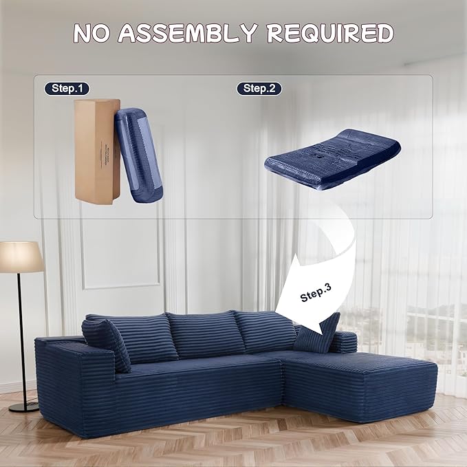 105" Cloud Sectional Couch with L-Shape Chaise,Modern Modular Sofa with Deep Seat, Fluffy Boneless Couches for Living Room Bedroom,No Assembly Required, Dark Blue (Plush Flannel Fabric)