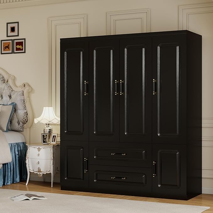 Armoire Wardrobe Closet with 4 Doors, Tall Wooden Armoire Wardrobe Closet with 2 Drawers and 2 Hanging Rods, Armoires and Wardrobes, Clothes Storage Organization for Bedroom Black