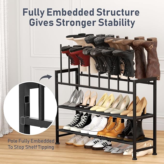 DIMJ Boot Rack 4-Tier - Black Metal Boot Storage Rack for Tall Boots Organizer, Multiuse Shoe Rack for Boots, Sneakers, High-Heel, Entryway, Fits 8-Pairs - Image 4