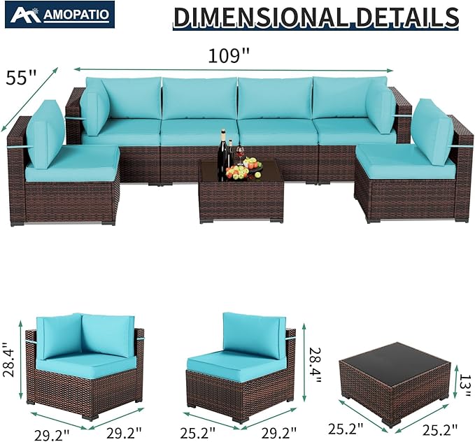Amopatio Patio Furniture Sets with Waterproof Cover 7 Pieces Patio Conversation Set Outdoor Sectional Wicker Rattan Sofa,Patio Furniture with Pillows Fits Porch Garden Backyard Balcony(Sky-Blue)