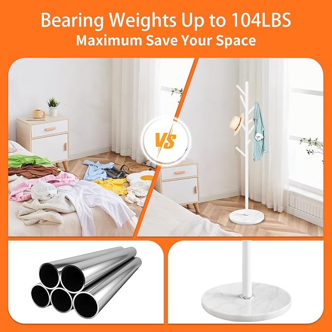 ZOZOE Metal Coat Rack Freestanding, Metal Coat Rack Stand with Natural Marble Base, Modern Coat Racks with 8 Hooks, White Coat Tree Hanger Stand for Jacket, Bag, Entryway, Office - Image 3