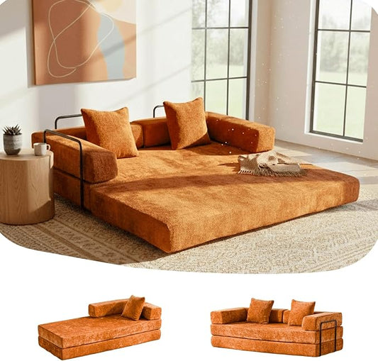 4-in-1 Folding Convertible Sofa Bed, 77" Floor Couch with Pillow - Chenille Fabric & High-Density Sponge & Fixed-Shape Frame, Modular Sofa for Living Room/Lounge/Studio, Orange