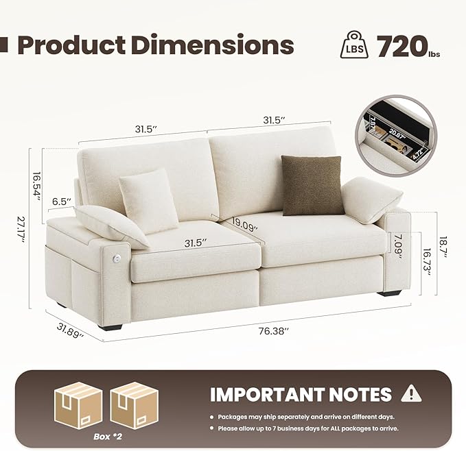 76" Loveseat Sofa, Cloud Foam Couch, 3 Seater Upholstered Midcentury Mondern Love Seat with USB Type C Ports, 4 Pillows and Storage Armrest for Living Room/Small Spaces, Beige | Breathable material
