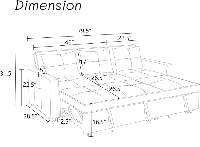 83 Inch Convertible Sofa Bed with Side Pocket, Modular Sectional Couch with Pull Out Bed, L Shaped 3 Seat Sectional Sleeper Sofa for Living Room, Apartment, Black