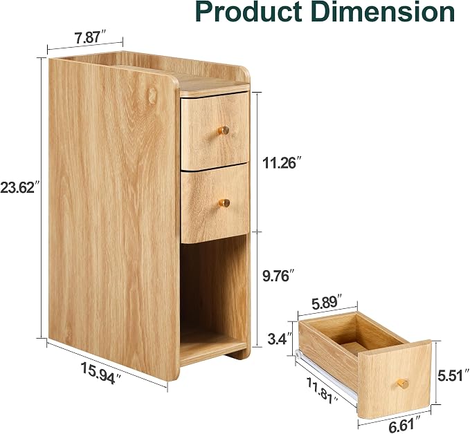 Small Nightstand Set of 2, Wood 2 Drawer Narrow Nightstand, Slim Side Table, Modern Skinny End Bedside Table, Natural Wood Night Stand with Drawers for Bedroom (Natural-2 pcs) - Image 2