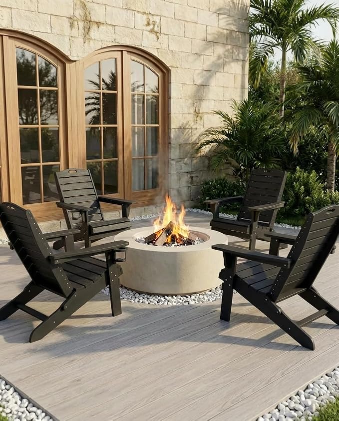 Folding Adirondack Chairs Set of 2,Adirondack Chair with Retractable Ottoman,Plastic Adirondack Chairs with 2 Cup Holder,Weather Resistant Patio Chair,Outdoor Chairs Set of 2(Black) - Image 2