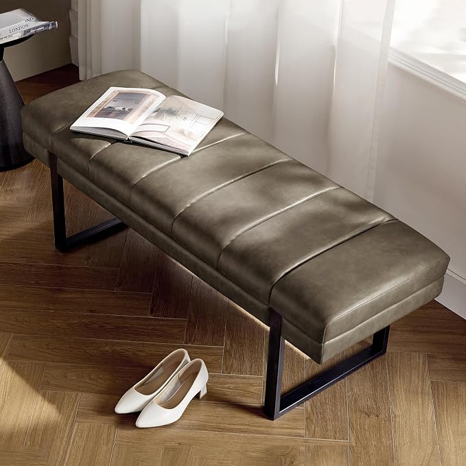 HULALA HOME 53" Faux Leather Entryway Bench, Button Tufted End of Bed Bench Ottoman for Bedroom, Living Room with Metal Base, Grey - Image 9