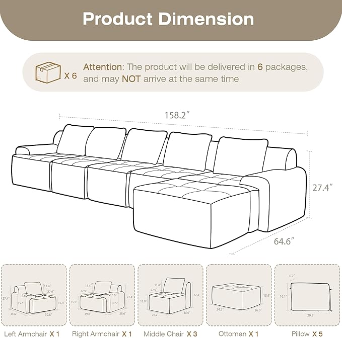 Modular Sectional Sofa, 6 Seat Modular Couch, Modular Sofa with Deep Seat and Detachable Pillow (White, 6 Pieces-L Shape)