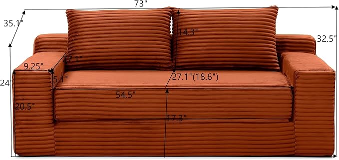 73" Convertible Sofa Bed, 2 in 1 Corduroy Folding Couch with Pillows, No Assembly Boneless Compression Sofa in Box, Loveseat with Side Storage Pocket for Apartment, Living Room, Orange