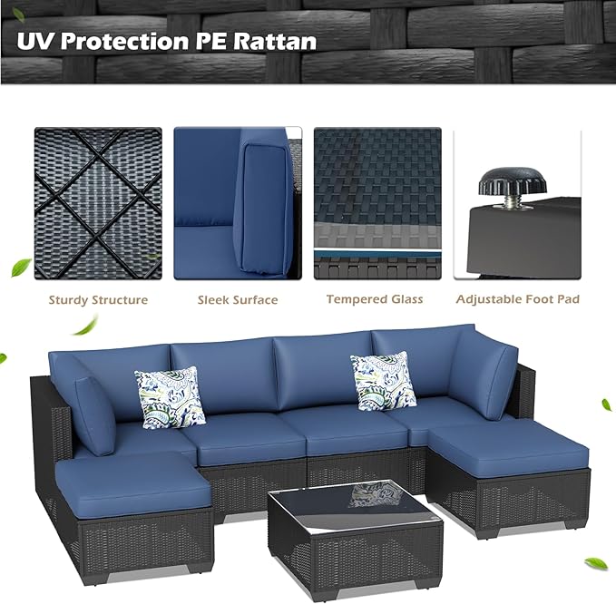 U-MAX 7 Piece Outdoor Patio Furniture Set with Extra 43 Inch Fire Pit Table, PE Rattan Wicker Sofa Set, Outdoor Sectional Furniture Chair Set with Tea Table, Black Rattan&Dark Blue Cushion