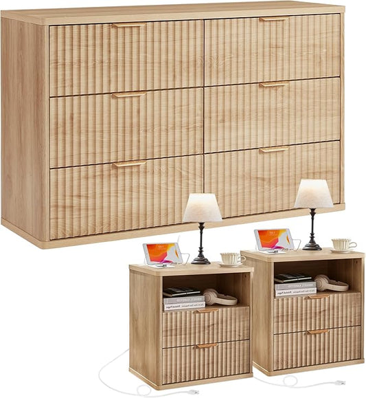 LEYAOYAO Fluted Dresser and 2 Drawers Nightstand Set of 2, Wood 48" Wide Dresser & 23" Night Stand with Charging Station, 3 Piece Bedroom Furniture Set, Chest of Drawers for Home,Living Room,Natural