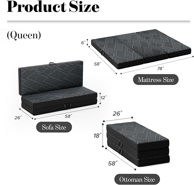 Tri Folding Mattress Queen Size - Foldable Mattress Trifold Memory Foam Mat with Washable Cover, Handle & Non-Slip Bottom Portable Foldable Floor Sofa Bed for Travel Camping Guest - 6 Inch, 78"x58"x6"