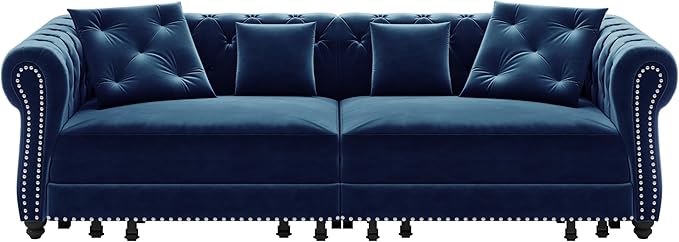Eafurn 3 in 1 Oversized Chesterfield Loveseat Sofa Convertible Pull Out Sleeper Sofabed King Size Couch Bed w/Movable Ottoman and Nailhead Trim for Living Room Tufted Velvet Recliner Daybed Sofacama