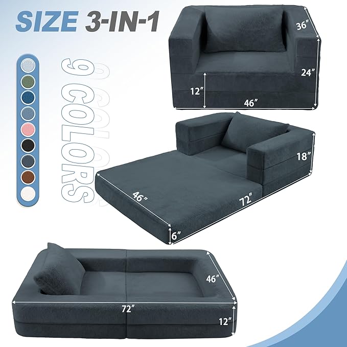 Futon Sofa Bed with Pillow, 3-in-1 Sleeper Sofa Bed with Removable Cover, Convertible Floor Sofa Bed, No Assembly Boneless Couch for Living Room, Bedroom