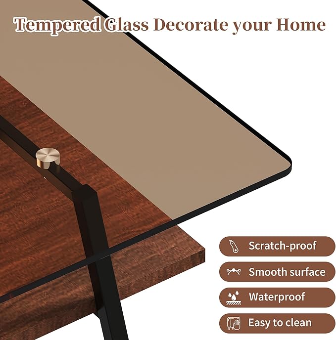 IANIYA Glass Coffee Table for Living Room Small Gold Mid Century Coffee Table for Living Room with Wood Shelves (Black Frame, Brown Glass + Brown Wood)