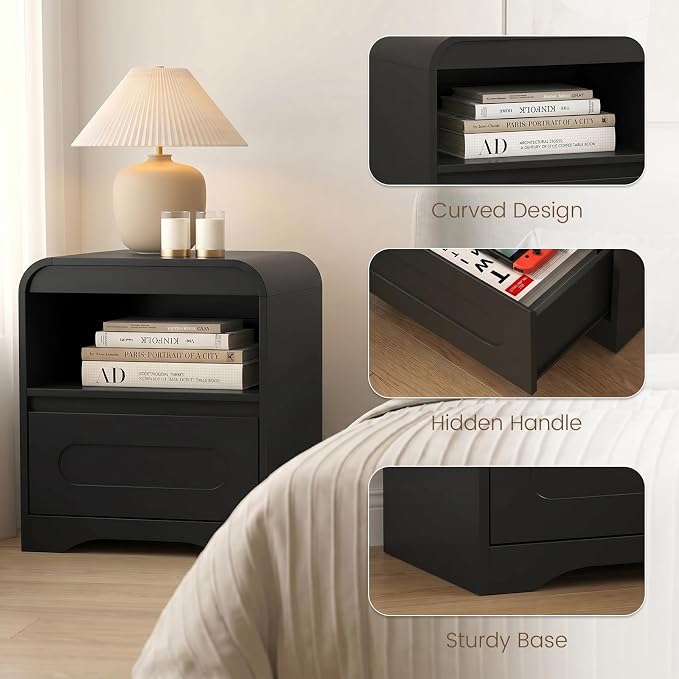 Black Nightstand Set of 2, Modern Night Stand with Drawers, Wood Nightstand, 22" Bedside Side Table with Open Storage, Curved Corners, Hidden Handle, Night Stands End Table for Bedroom Sofa Couch - Image 7