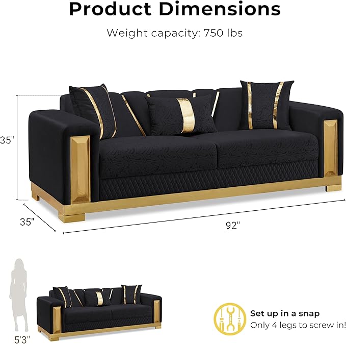 Furniture of America Samison II Glam Solid Wood Upholstered Couch with Accent Pillows, Damask Pattern and Gold Base, Comfortable Sofa for Living Room, Bedroom, Office, Black