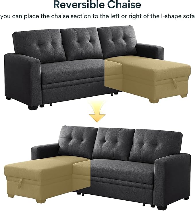 L Shaped Couch, 4 in 1 Pull Out Sofa Bed Sleeper, Sectional Sofa with Storage Convertible, Sofa Bed 82in Chaise Lounge for Living Room Apartment Dorm