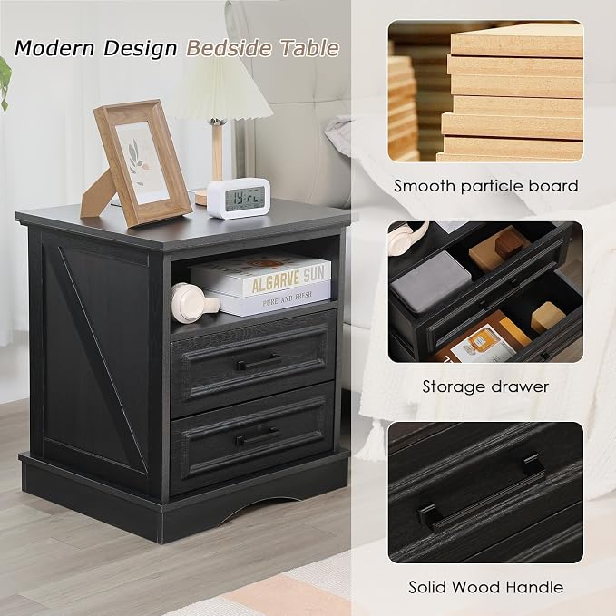 Farmhouse Nightstand with Charging Station, Wood Night Stands with 2 Drawers, 22" Wide End Table with Storage, Black Bedside Cabinet for Bedroom - Image 3