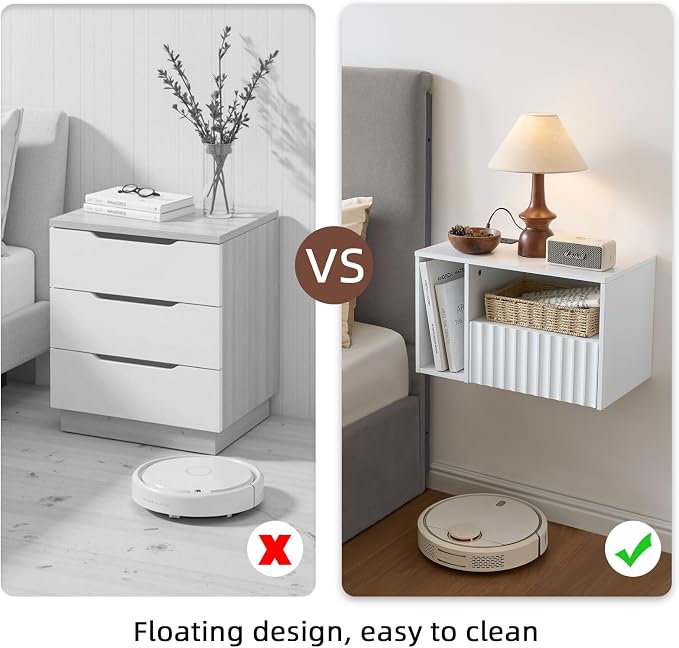 BuildHom Modern Matte White Fluted Floating Nightstand with Charging Station, NightStand with Drawers, Bedside with USB Ports and Outlets, Bedroom Furniture (Set of 2) - Image 4