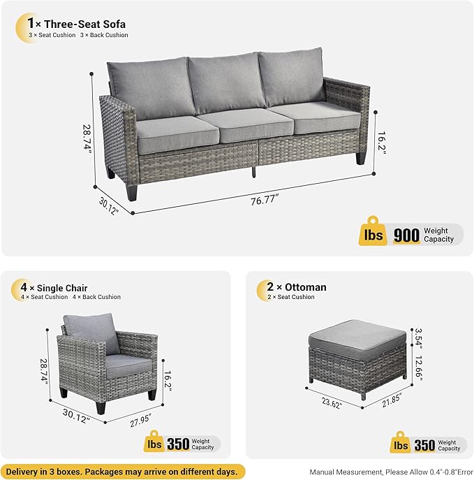 ovios Patio Furniture Set, 7 Pieces Outdoor Wicker Sofa Couch with 4 Chairs, Ottomans and Comfy Cushions, All Weather High Back Rattan Conversation Set, Dark Grey