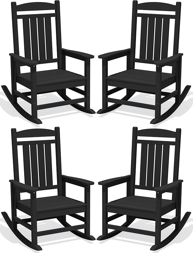 KINGYES Oversized Outdoor Rocking Chair Set of 4, High Density Polyethylene Patio Rocking Chairs with 330lbs Support for Adults, Black by KINGYES