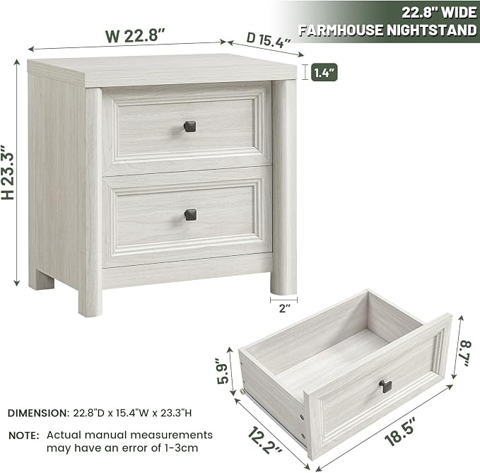 Standifurno White Night Stand with Drawers, Rustic Washed White Nightstand, Farmhouse Bed Side Table for Bedroom, Bedside End Table for Living Room, Bedroom Furniture, Large Storage Wood Nightstand - Image 3